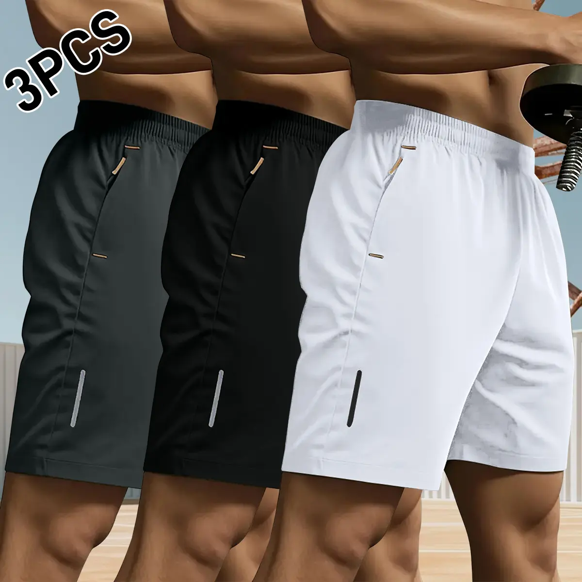 3-pack men’s summer casual athletic shorts—comfortable, skin-friendly, breathable, not stifling; drawstring design, large pockets; elastic waistband; ideal for leisure outings, shopping, running/fitness, beach walks; a stylish essential piece.