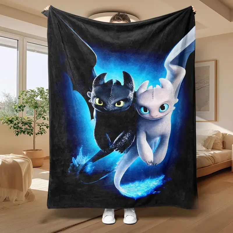 1pc How to Train Your Dragon Night Fury Light Fury Soft Warm Fleece Blanket Skin Friendly Comfortable Bed Office Sofa Camping Travel Gift Air Conditioning Summer Bedroom Dorm Couch Back to School Anime Room Decor Present All Season Cover