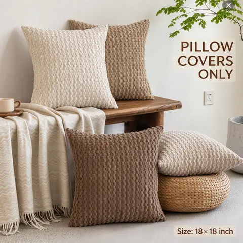 Flannel pillow covers (no inserts included) — soft, comfortable decorative cushion covers with a 3D textured pattern, double-sided design, and hidden zipper closure; suitable for sofas, beds, living rooms, and bedrooms, ideal for warm bohemian and America