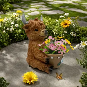 Highland Calf Planter Statue with Floral Embellished Pot - Durable Resin Indoor/Outdoor Decor for Home, Garden, Bookshelf - Seasonal Holiday Decor (Halloween, Christmas, Easter, Thanksgiving)
