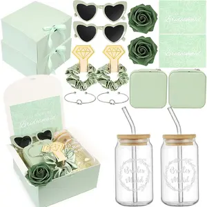Bridesmaid Proposal Gifts Set 2 - Will You Be My Bridesmaid Kit with Elegant Box Jewelry Box Glass Cup Invited Cards Knotted Bracelets Sunglasses Scrunchies Raffia Grass (Green, 18Pcs)