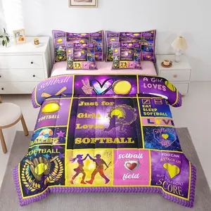 7 Pcs Softball Bed in A Bag,Purple Patchwork Bedding with Bed Sheets for Kids Teens,Softball Sports Comforter Set for Girls Boys