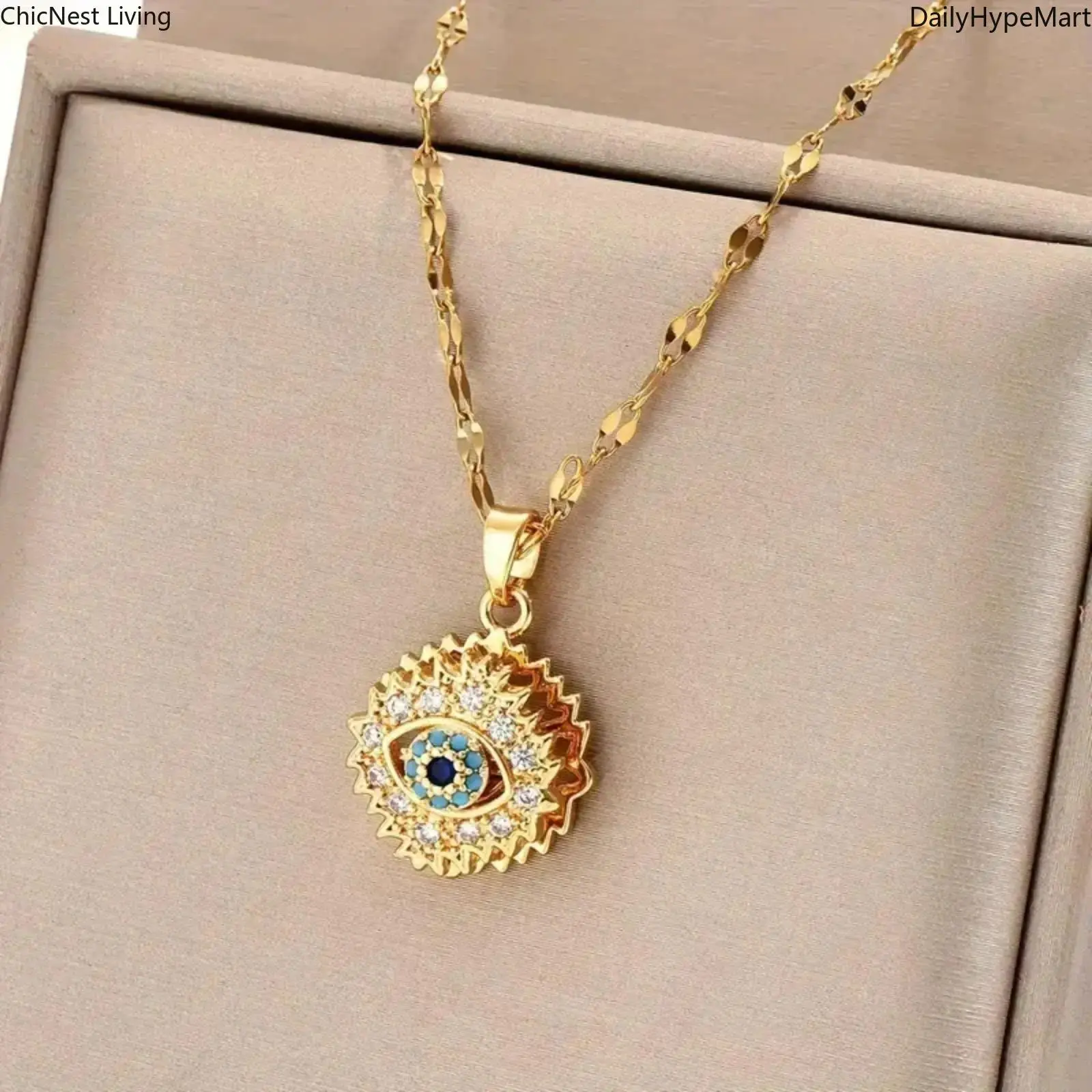 Rotating Evil Eye Pendant Necklace - Sparkling CZ Jewelry, Zirconia Copper Chain Fashion Clothes Accessory, Sparkling Cz Necklace, Zirconia Chain Necklaces