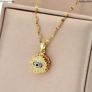 Rotating Evil Eye Pendant Necklace, Zirconia Copper Chain Jewelry