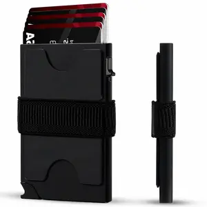 Men's Minimalist Metal RFID Blocking Card Holder - Pop-Up Case, Cash Strap, Expandable Backplate, Ultimate Slim Wallet Holds 12+ Cards & Cash
