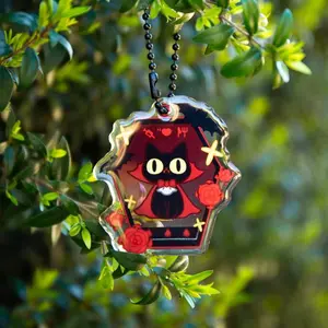 Mikou Original Art Tamagotchi Vampire Cat Epoxy Acrylic Keychain - Approx. 2 Inches, Double-Sided Design, Goldfish Cat Shape, Glitter Covered Acrylic
