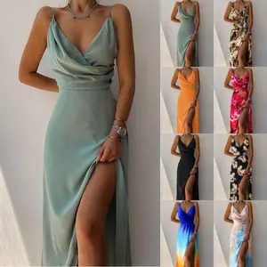 Women's Fashion 2025 Summer AliExpress Spaghetti Strap V-neck Split Print Dress