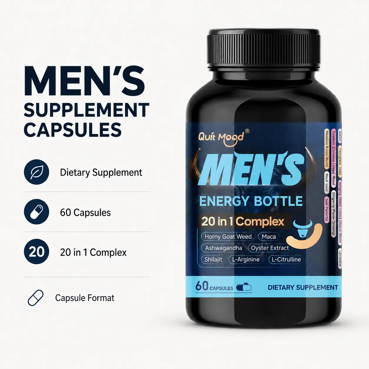 Men’s Energy Support Supplement 20-in-1 Herbal Complex Capsules with Maca, Ashwagandha, L-Arginine & Citrulline | Daily Vitality Support | 60 Capsules