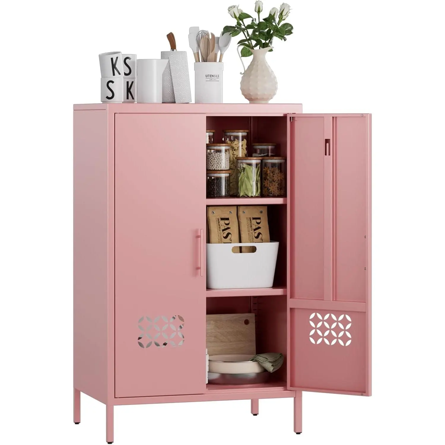 Metal Storage Cabinet, 42" H Kitchen Pantry Storage Cabinets with 2 Shelves, for Living Room, Home, Required Assembly, Light Pink
