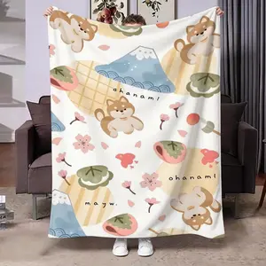Cute Puppy Cherry Blossom Print Blanket, Soft Skin-Friendly Portable Throw, Ideal for Bedroom, Sofa, Office, Outdoor, Gift