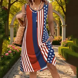 Women'S Stylish Sleeveless Dress with Independence Day Flag Print, Round Neck, Casual Pockets