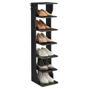 VASAGLE 7-Tier Vertical Shoe Rack, Narrow Shoe Storage Organizer with Hooks, Slim Corner Tower Shelf, Space-Saving for Entryway and Bedroom