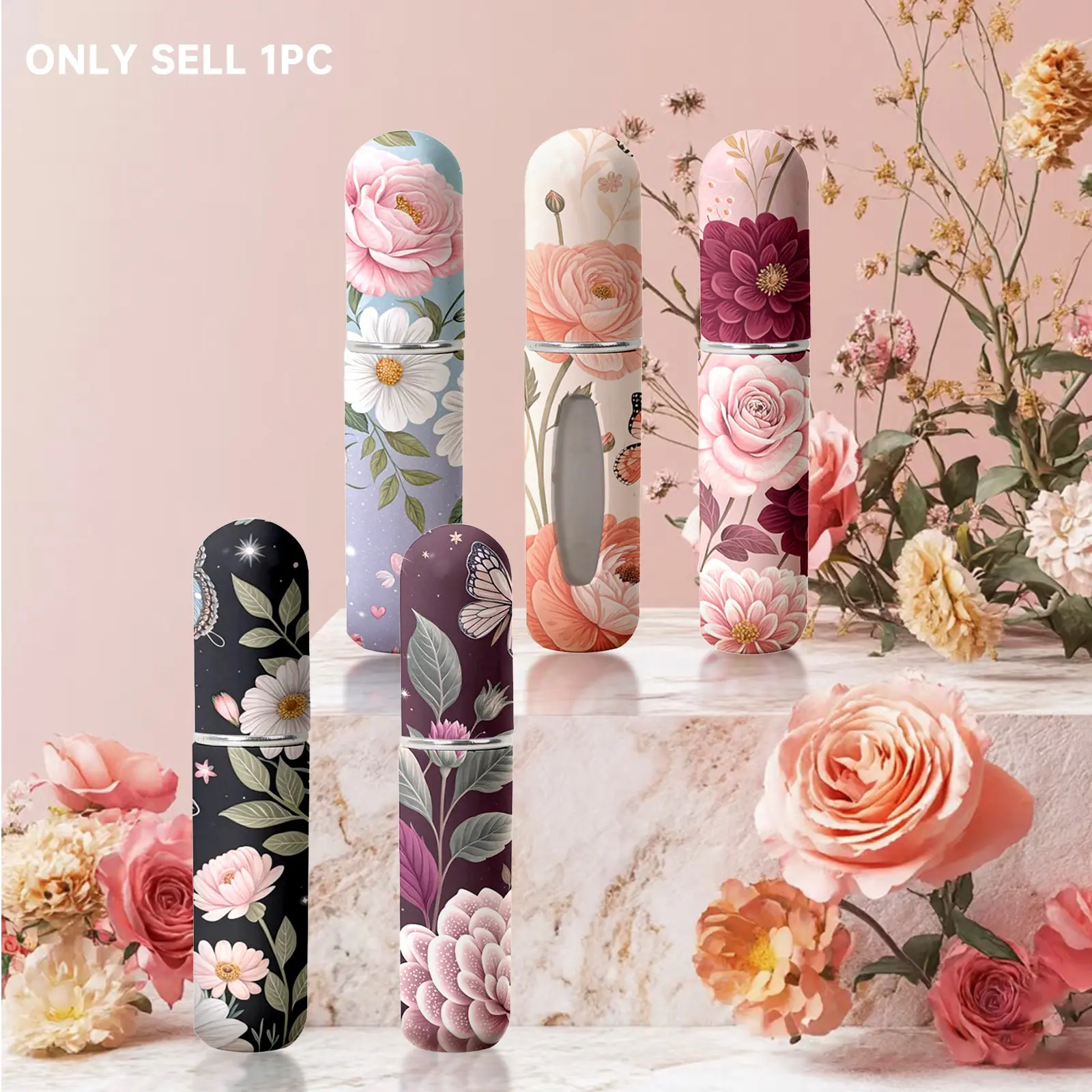 Refillable Mini Compact Durable Elegant Plastic Perfume Atomizer, Flower Prints and Butterfly Print, 5ML Daily Use Portable Beauty Makeup Cosmetic Travel Spray Bottle, Pocket-Sized Fragrance, Cosmetics Accessories