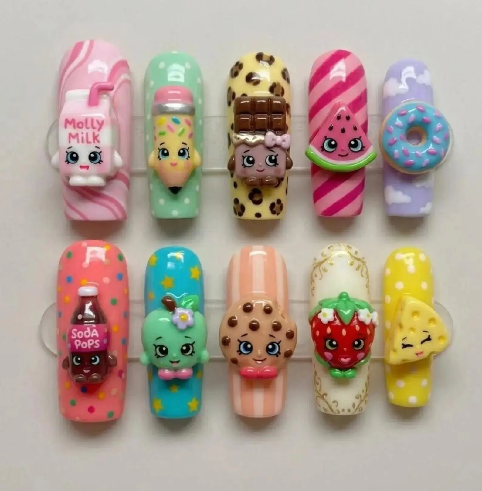 Handmade Shopkins Kawaii Press on Nails, 3D Sweet Treats & Snacks Art, Vibrant Pastel Cartoon Aesthetic Nails Set