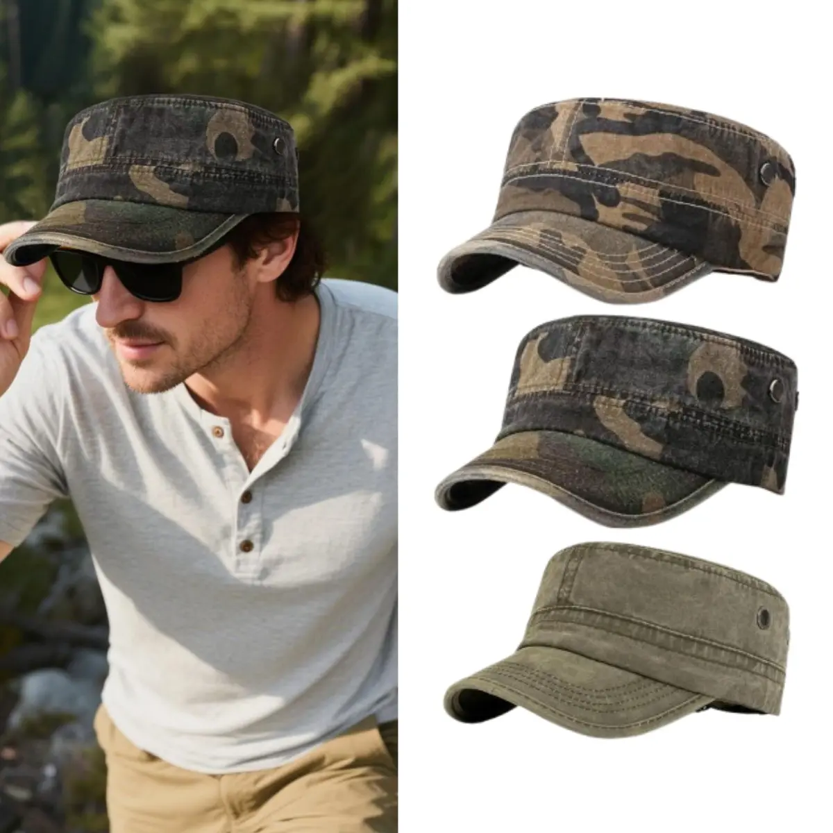 3 Packs Cadet Army Caps for Men Women, Unique Design Military Style Patrol Hats Adjustable Veteran Flat Top Hats