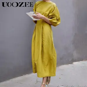 Women's Linen Viscose Maxi Dress – Solid Color Round Neck Short Sleeve, Pockets, Casual Summer Commute, Relaxed Loose Fit (Size Down, Hand Wash)