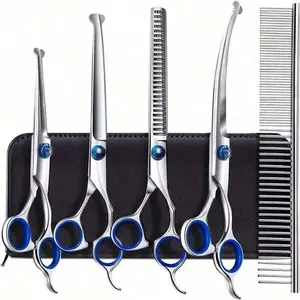 Professional Pet Grooming Scissors Set, Stainless Steel Dog Cat Clippers, Curved Straight Upward Blades, Dual Hand Use, Includes Comb, Grooming Tools