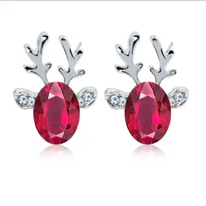 Creative Fashion Christmas Deer Horn Earrings with Red Gemstone Metal Coating Jewelry Gifts for Festive Season Women's Holiday Accessories