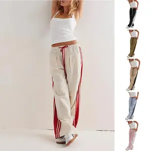 Women's Wide Leg Pants with Pockets Side Striped Drawstring High Rise Slouchy Palazzo Pants