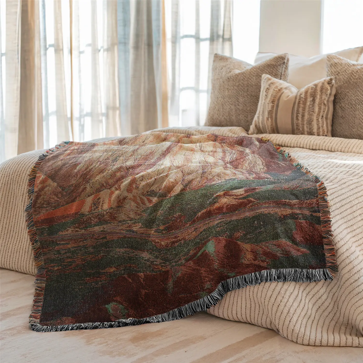 Multi-Function Tassel Woven Blanket Danxia Landform Pattern Bed Blanket, Stylish Landscape Throw Blanket, Also for Sofa Cover Couch Throw Blanket Armchair Home Decor Furniture Slipcover Tablecloth Shawl Outdoor Picnic Camping Beach Towel Office Nap