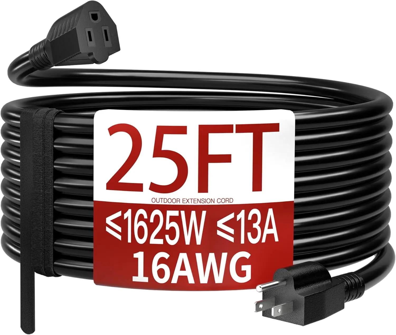 25 Foot Extension Cord for Outdoor Use with Velcro Easy Roll Up and Stash Away 16AWG 1625W 13A Durable Portable for Outside