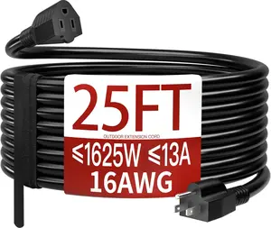 16/3 25 FT Outdoor Extension Cord Waterproof, Weatherproof & Flame Retardant Black 3 Prong Power Cord Outside for Lawn & Garden, 13 Amps 1625 Watts 125 VAC 16AWG SJTW, ETL Listed