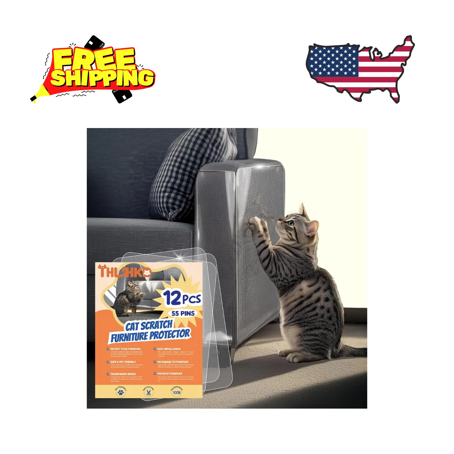 Cat Scratch Furniture Protector: 12 Pcs Single Side Couch Protector (12P+55 Pins)