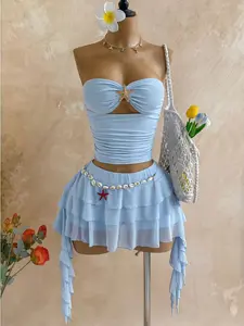 Women's Vacation Casual Short Skirt and Hollow Out Bralette Set, Metal Starfish Accessory, Beach, Seaside, Date, Holiday, Wedding Season