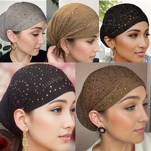 3Pcs Women's Hair Bonnet - Stretchable, Soft, Breathable, Lightweight Cap with Rhinestone Decoration, Elegant Solid Color Hollowed-out Polyester Women's Hairband