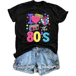 80s Neon Music Graphic T shirt for Women Retro Hip Hop Party Outfits Girls I Love the 80s