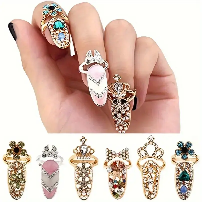 2026 New Crystal Rhinestone Ring Women's Fashion Bow Finger Joint Nail Ring Decoration Tip Nail Art Crown Flower Charm 2026 New Crystal Rhinestone Ring Women's Fashion Bow Finger Joint Nail Ring Decoration Tip Nail Art Crown Flower Charm