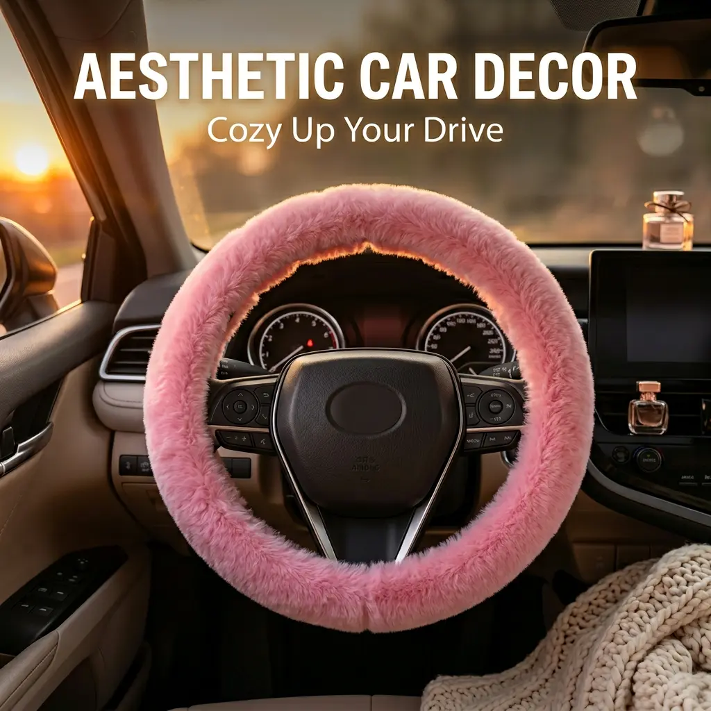 15-Inch Fuzzy Steering Wheel Cover, Soft Fluffy Plush Car Interior Accessory, Anti-Slip Protector with Warm Comfortable Grip for Winter Driving, Cute Pink Car Accessories for Women, Universal Fit Decoration, Car Accessories Women