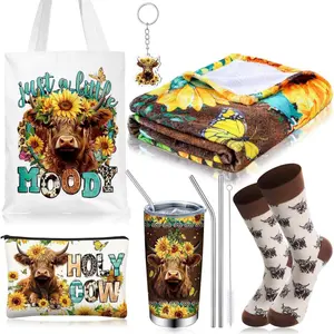 6 count Sunflower Highland Cow Gifts for Women Include 20 oz Just A Little Moody Handbag Stainless Steel Tumbler with Lid Straw  Bag Throw Blanket  Socks for Highland Cow Lover