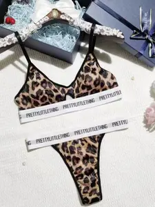 Women's Leopard Print Wireless Bra & Panty Two-Piece Set, Comfy Breathable Bra & Panty Set, Lingerie Set for Women