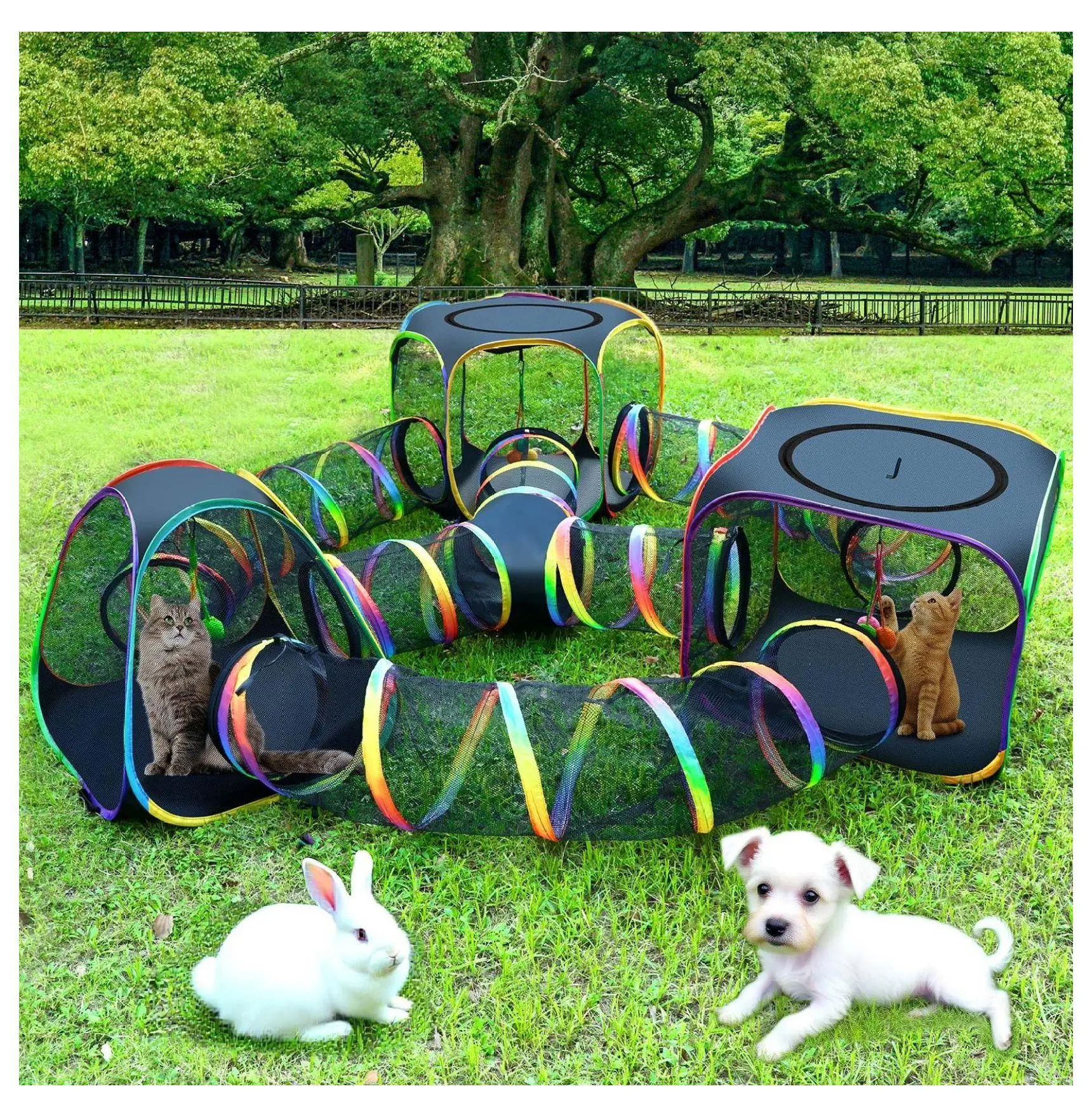 Portable Cat Enclosure - 7-in-1 Outdoor Catio, Foldable Cat Playpen with Tent & Tunnel, Rainbow, Includes Storage Bag; Ideal for Indoor & Outdoor Cats & Small Pets as shows