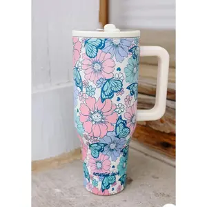 Stainless Steel Pastel Spring Flowers & Butterflies Tumbler 40oz - Leak-Proof Design, Cupholder Friendly, Floral Pattern, Insulated - Drinkware, Flasks