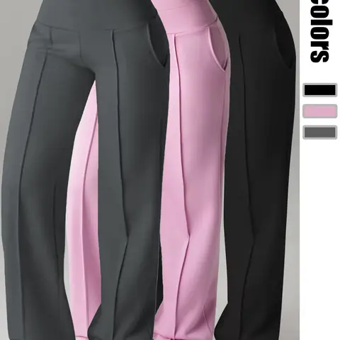 Qfen Sport Women's High-Waisted Wide-Leg Pants with Elastic Waistband, Front Seams and Side Pockets, Spring & Fall Comfortable Casual Activewear for Daily Wear and Light Exercise