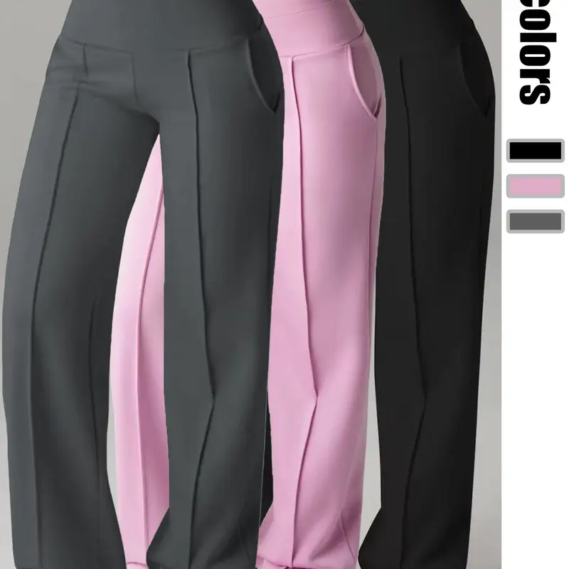 Qfen Sport Women's High-Waisted Wide-Leg Pants with Elastic Waistband, Front Seams and Side Pockets, Spring & Fall Comfortable Casual Activewear for Daily Wear and Light Exercise