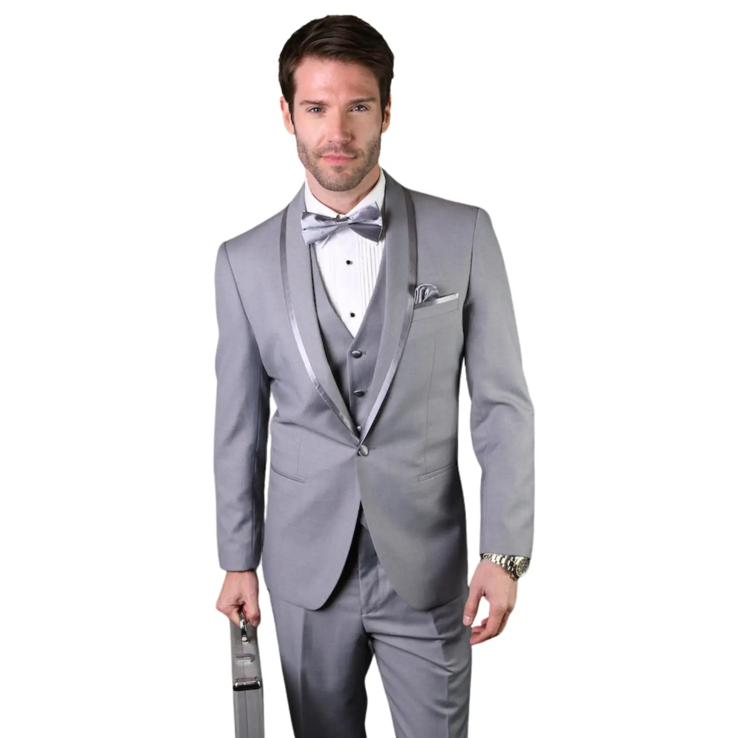 3-Piece Grey Tuxedo with Bow Tie and Flat Front Pants - Grey