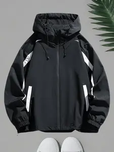 Men's Colorblock Zip Up Hooded Jacket Regular Fit Casual Long Sleeve Drawstring Outerwear for Spring & Fall Menswear Coats Activewear Tops Zipper Gamis Black Sport Sportswear