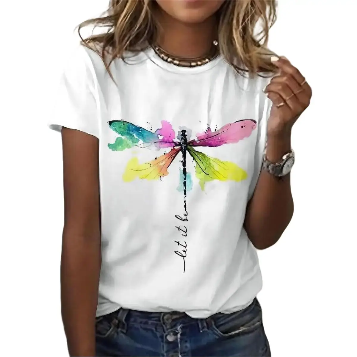 Women'S Fashion Casual White Tee, Dragonfly Art With Inspirational Quote, Short-Sleeved Round Neck T-Shirt, Summer Style Top T-Shirt For Men And Women