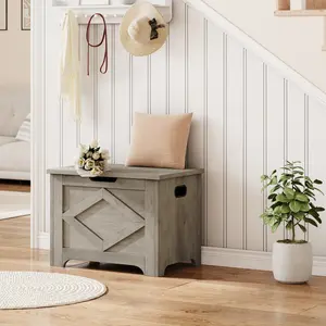 Wooden Storage Bench for Entryway - 23.6" Chest with Safe Hinged Lid, U-Shaped Handle - Multipurpose Storage Organizer for Toys, Blankets for Entryway, Living Room