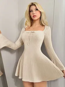 Long Sleeve Square Neck Knit Ribbed Bow Tie Sweater Dress, Casual Fitted Plain Design, Fall & Winter Fashion, Women's Clothing, Womenswear