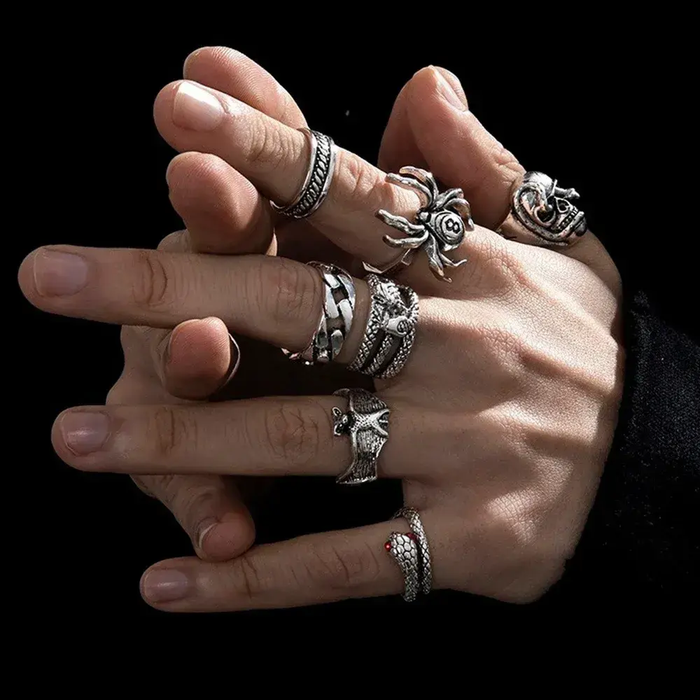 JEWEL4U - 7pcs Set Punk Hip Hop Stainless Steel Men Ring Vintage Spider Bat Skull Two-headed Snake Opening Rings Jewelry Gothic Accesorios