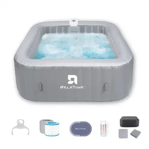 4 to 6 Person Inflatable Hot Tub,Inflatable Square Spa Portable Outdoor Hottub,130 Soothing Bubble Air Jets,With Insulation Suit&6Pack Filter outdoorfun