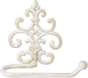 Vintage Cast Iron Toilet Paper Holder - Wall Mounted Rustic Bathroom Tissue Holder with White & Gold Finish, Decorative Accent for Farmhouse, Victorian Décor, Heavy Duty Metal Scroll Design