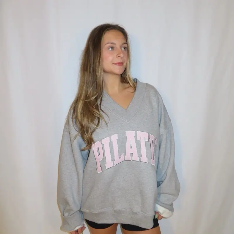 “PILATES” Grey and Pink V Neck Sweatshirt