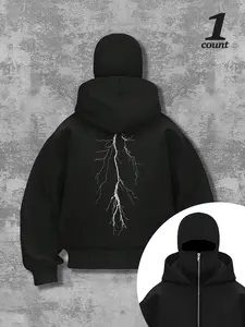 Men's Fashion Lightning Bolt Barbour Hoodie, Casual Fitted Sweatshirt with Dual Collar and Hat, Fall & Winter Plain Style, Graphic Hoodies