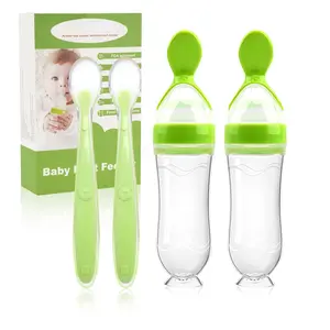 Baby Food Feeder 4 Pack Silicone Baby Food Dispensing Spoon-3 oz Squeeze Feeding Spoons with Suction Cup for Boys Girl Kids Toddlers - Self Feeding Bottle Spoon-Green