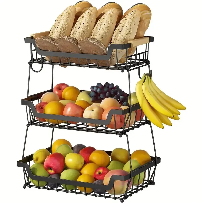 1pc 3-Tier Countertop Fruit Basket With 2 Banana Hooks For Kitchen, Bread Vegetable Fruit Organizer With Wooden Handle, Large Capacity Rectangular Storage Rack, Black, Suitable For Restaurants